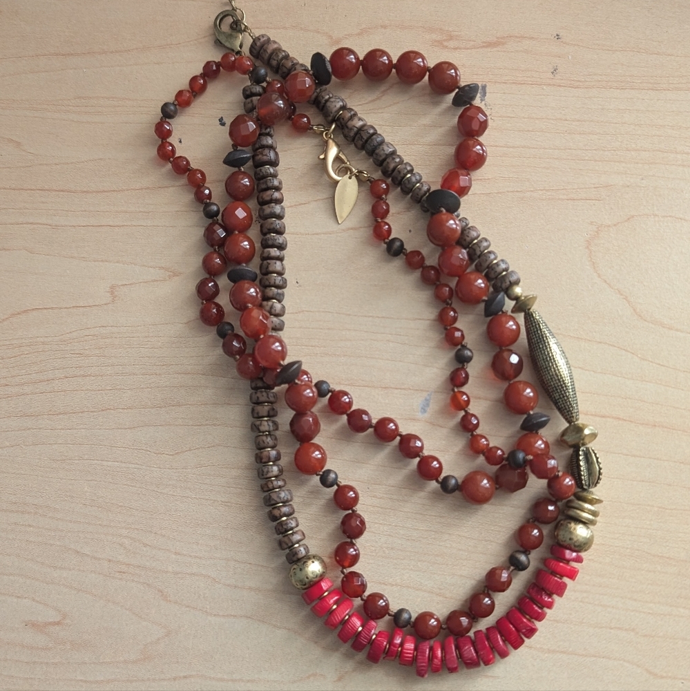 Pair of Red + Gold Coral, Wood, Dyed Agate, Metal Necklaces